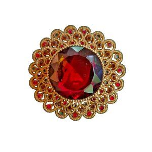 Corocraft Brooch Gold Tone With Red & Multicolor Rhinestones Flower Design Vint